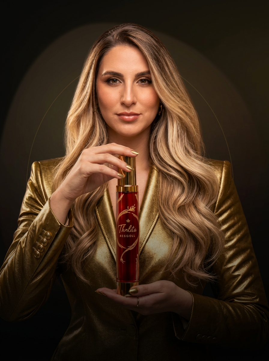 Talitha Pedroso em blazer dourado segurando produto da sua linha, em fundo escuro com iluminação dourada